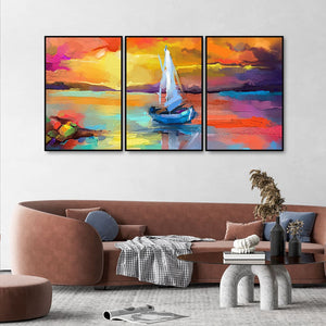 Beautiful Colorful Sea with Ship Premium Floating Wall Painting Set of Three