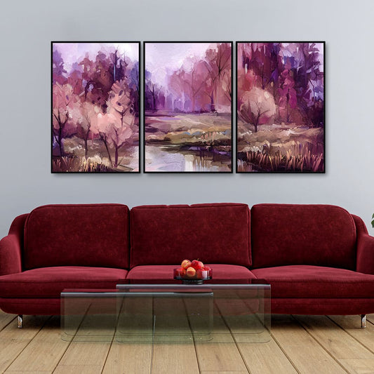 Purple Lake in Forest Premium Floating Wall Painting Set of Three