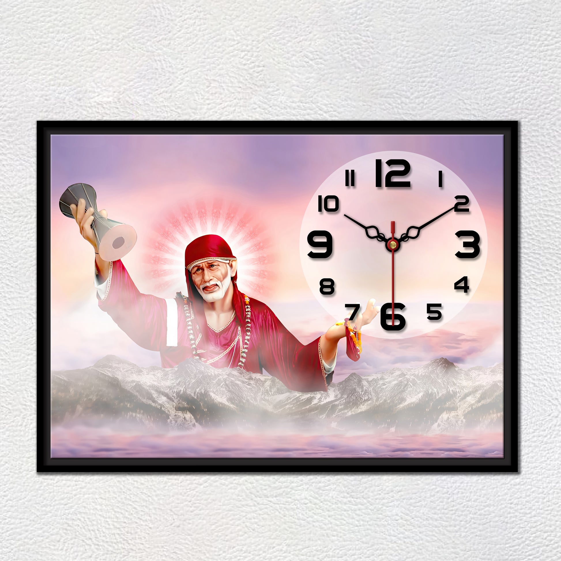 Floating Frame Sai Baba Wall Painting with Clock