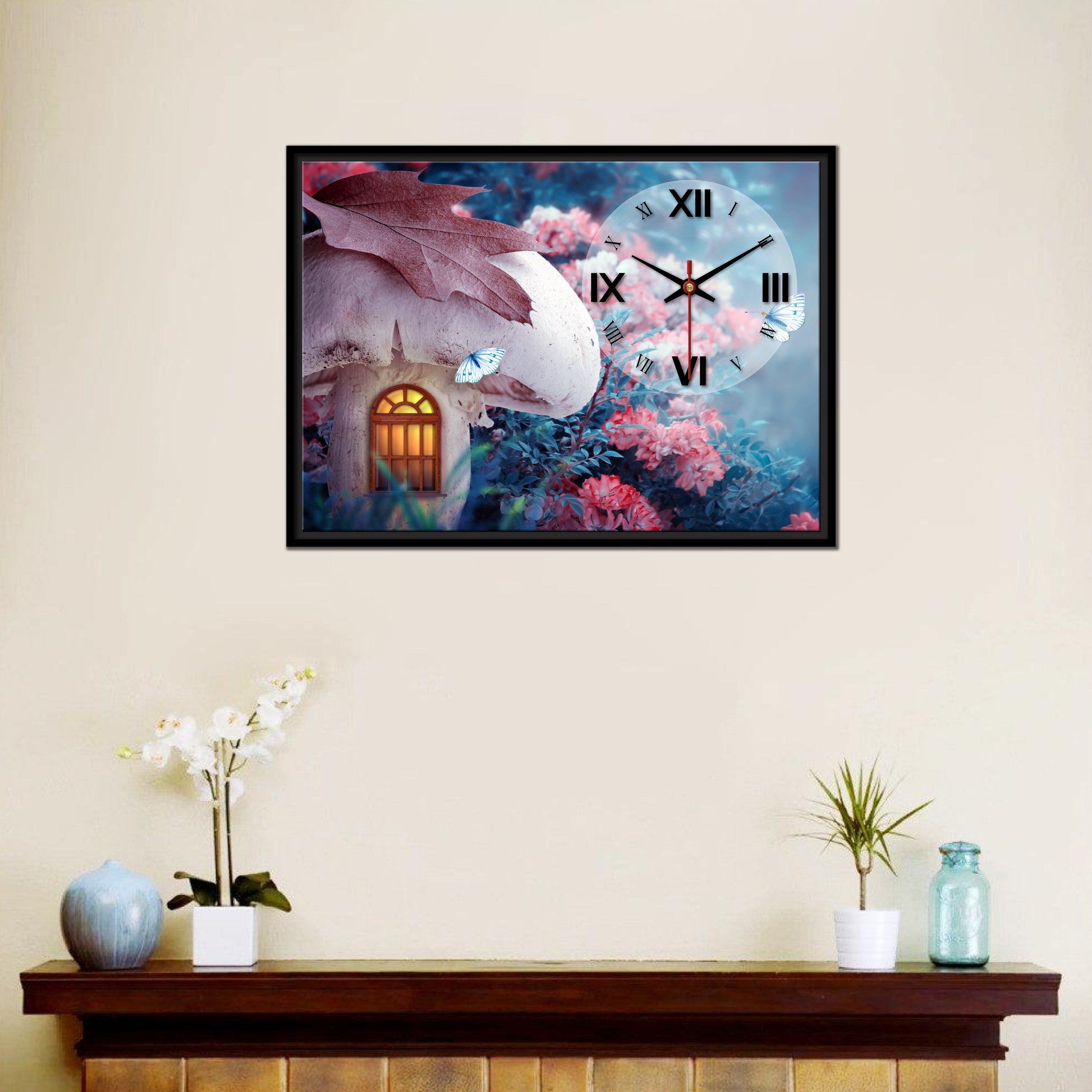 Floating Frame Mashroom House Wall Painting with Clock