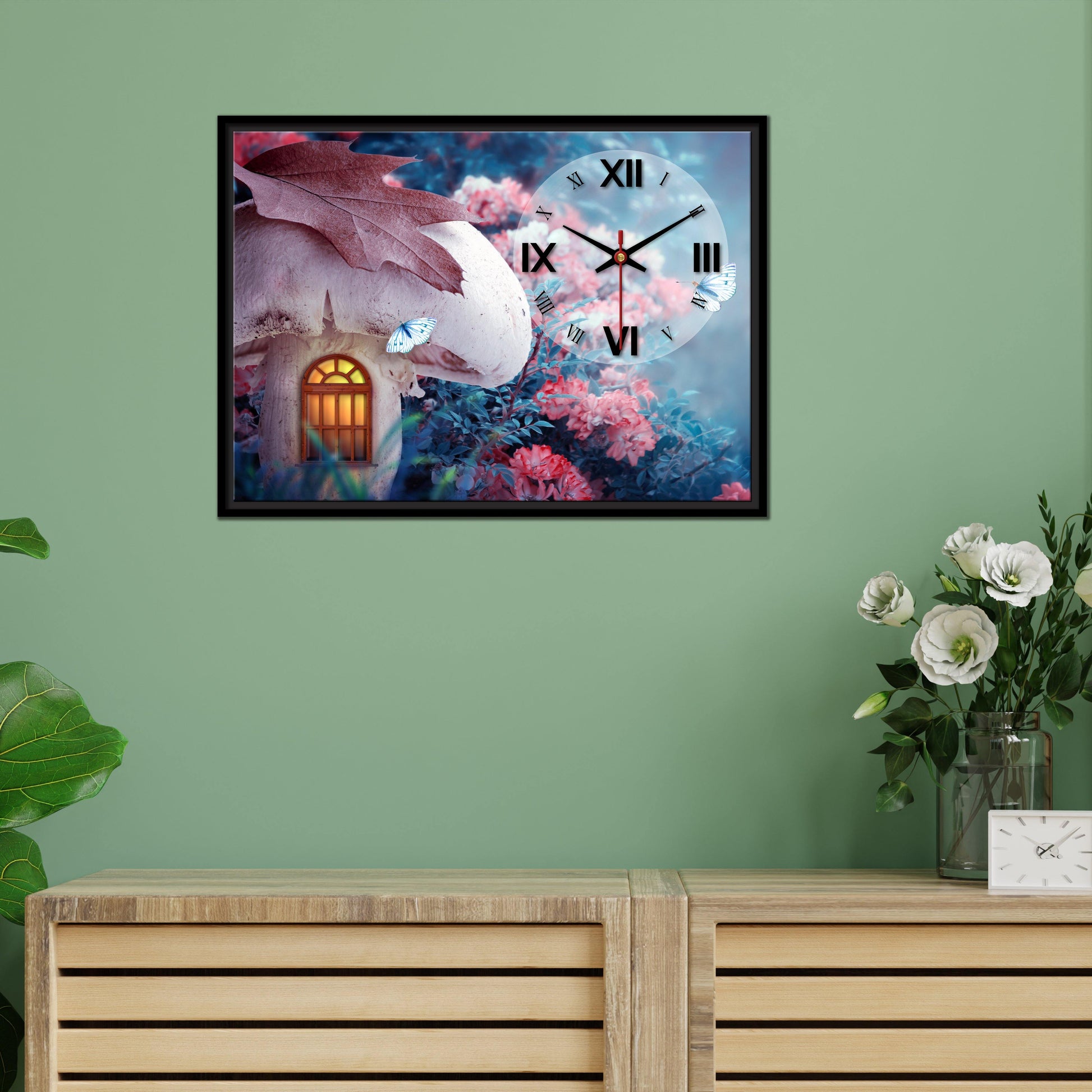 Floating Frame Mashroom House Wall Painting with Clock