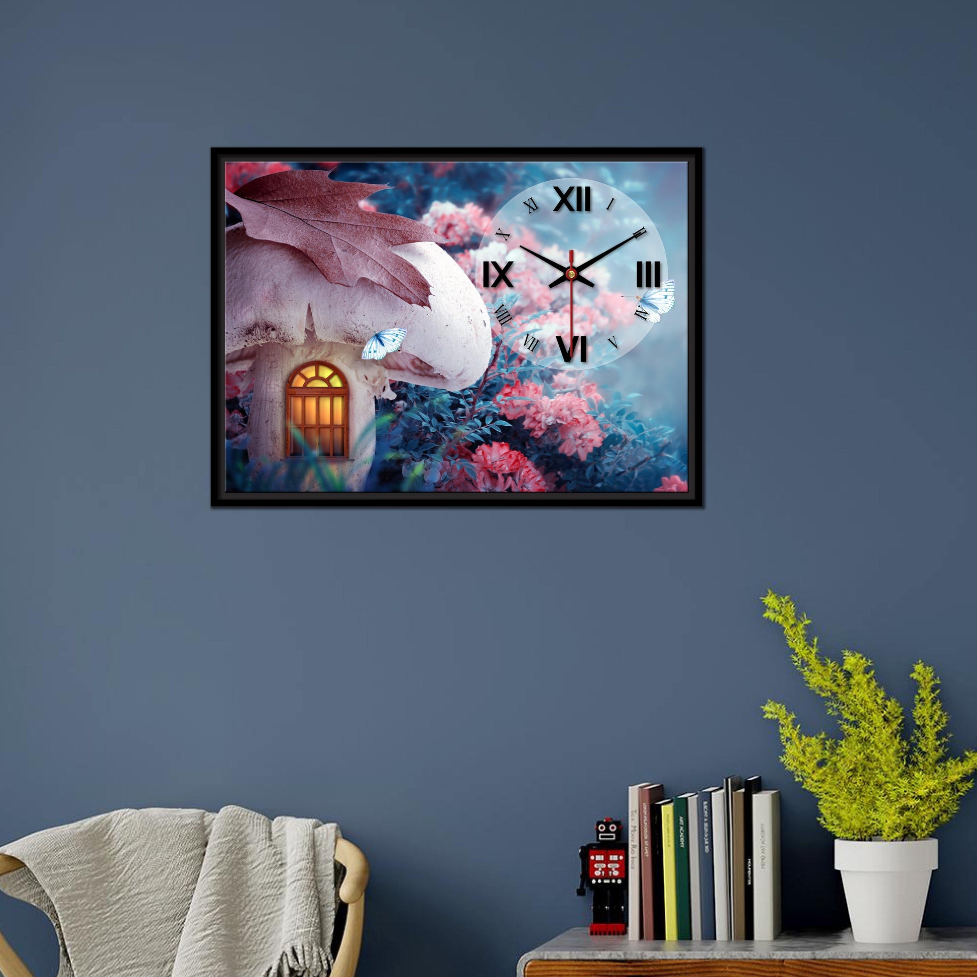 Floating Frame Mashroom House Wall Painting with Clock