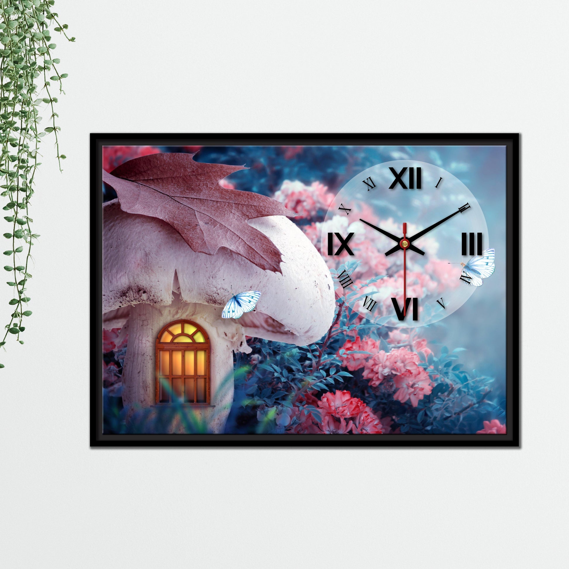 Floating Frame Mashroom House Wall Painting with Clock