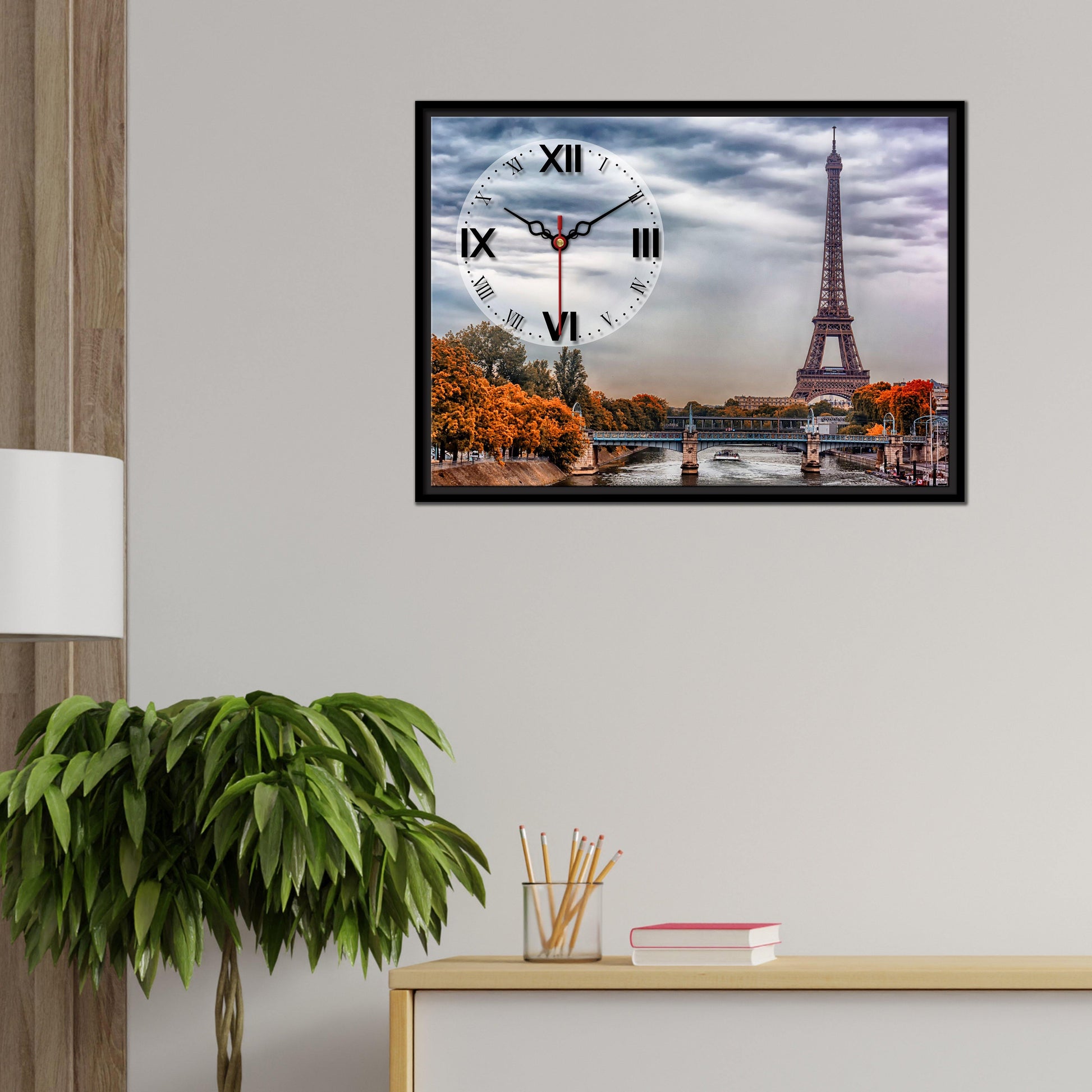 Floating Frame Paris Eiffel Tower Wall Painting with Clock