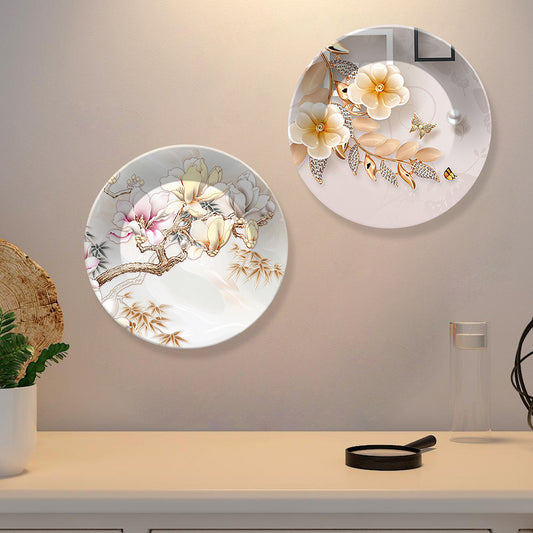 Floral Art Ceramic Wall Hanging Plates of Two Pieces