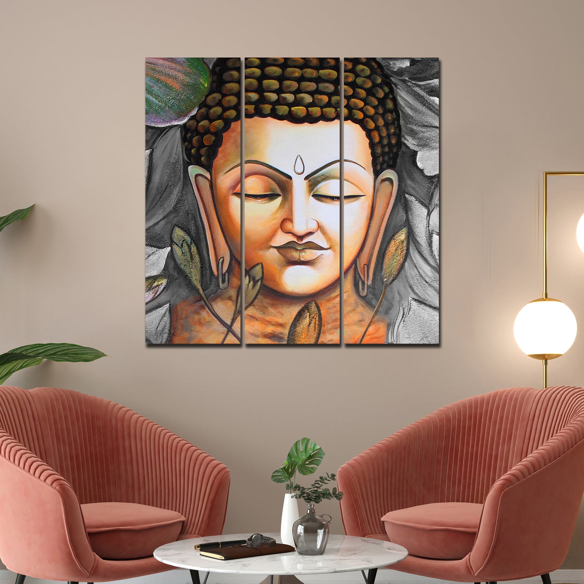 God Buddha Meditating Wall Painting Three Pieces