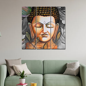 God Buddha Meditating Wall Painting Three Pieces