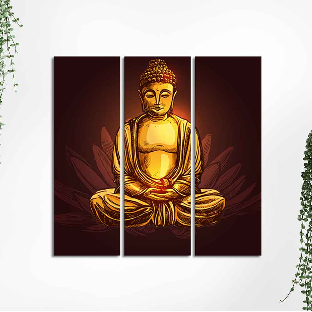 God Gautam Buddha Canvas Wall Painting of 3 Pieces