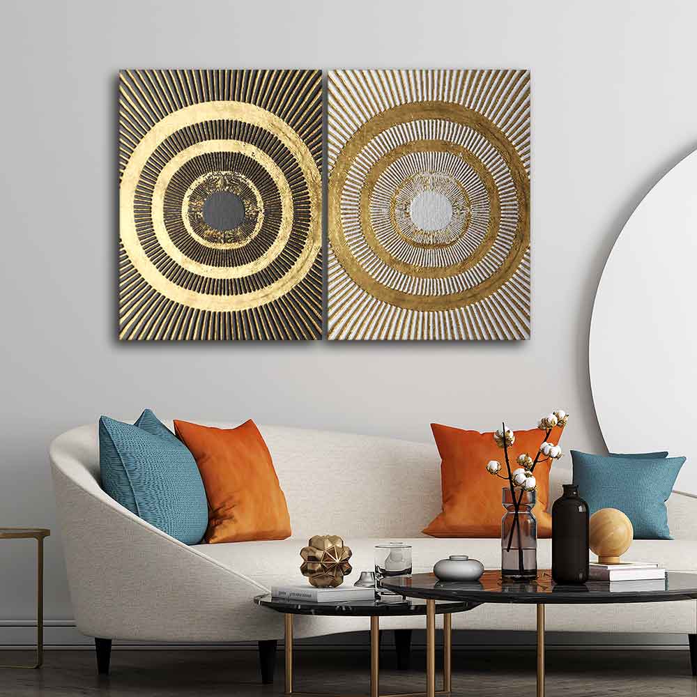 Golden 3D Pattern Canvas Wall Painting of Two Pieces