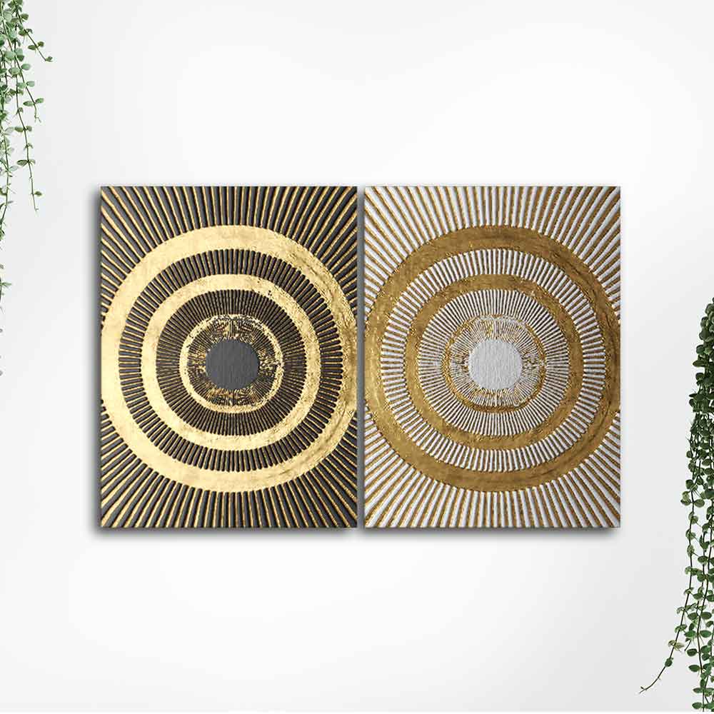 Golden 3D Pattern Canvas Wall Painting of Two Pieces