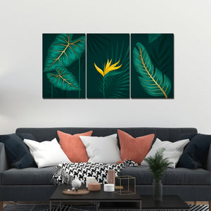 Golden Botanical Leaves and Flower Wall Painting of 3 Pieces