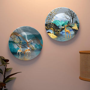 Golden Deer Ceramic Wall Hanging Plates of Two Pieces