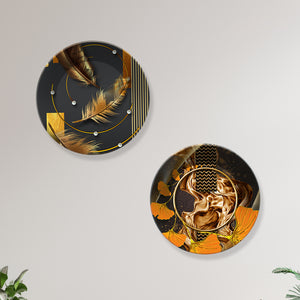 Golden Feather Ceramic Wall Hanging Plates Set of Two