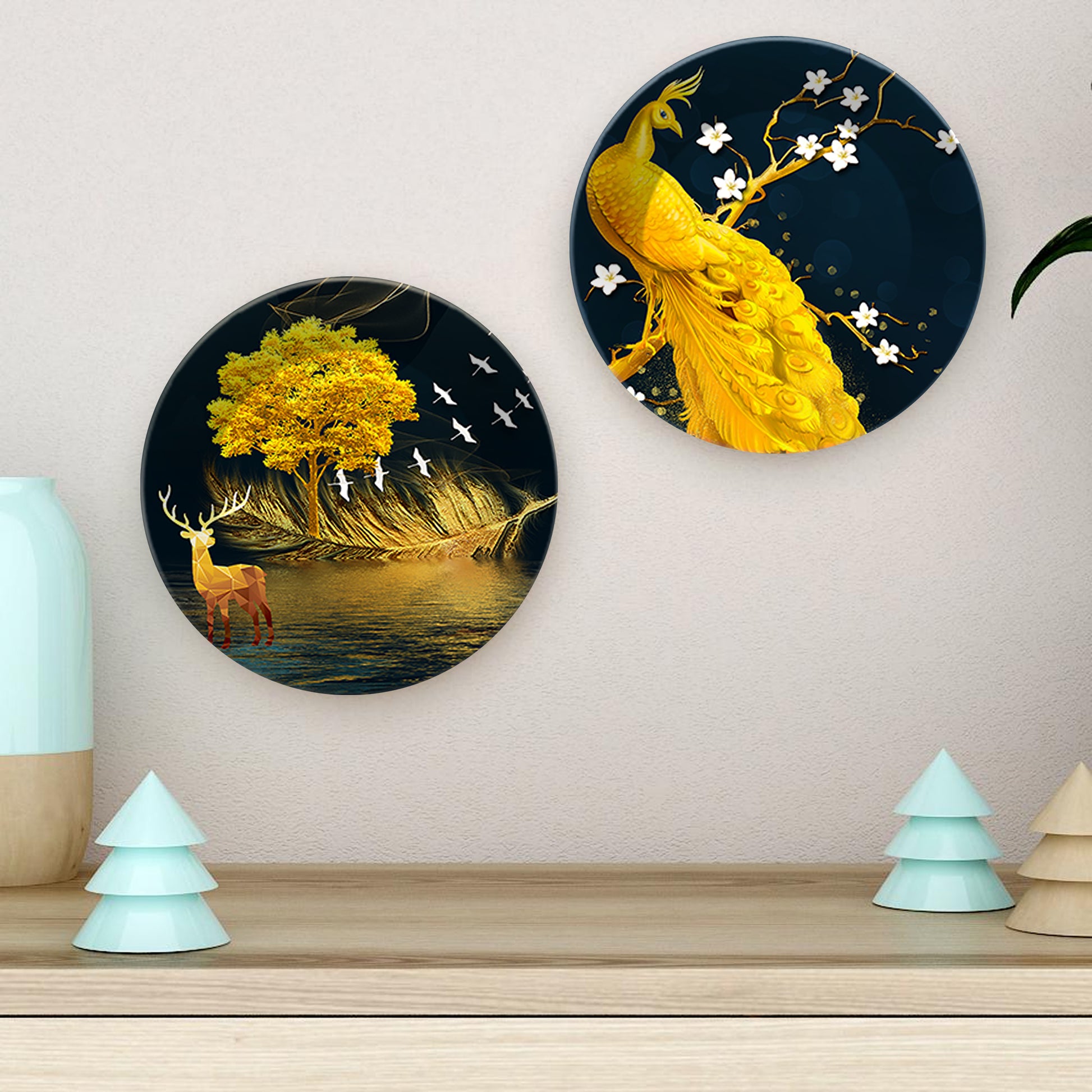 Golden Peacock & Deer Ceramic Wall Hanging Plates of Two Pieces