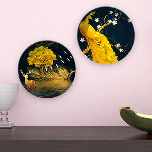 Golden Peacock & Deer Ceramic Wall Hanging Plates of Two Pieces