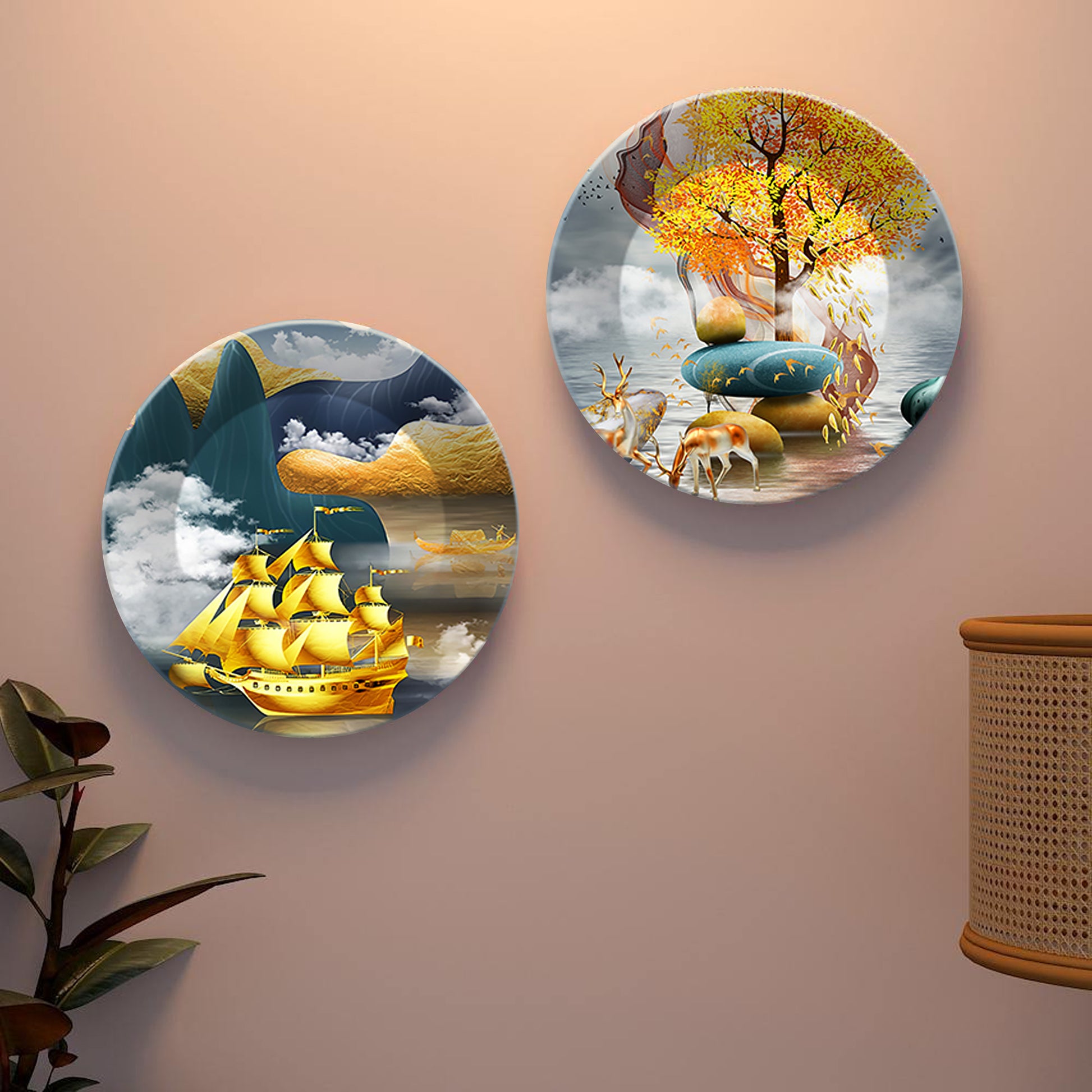 Golden Ship and Tree Ceramic Wall Hanging Plates of Two Pieces