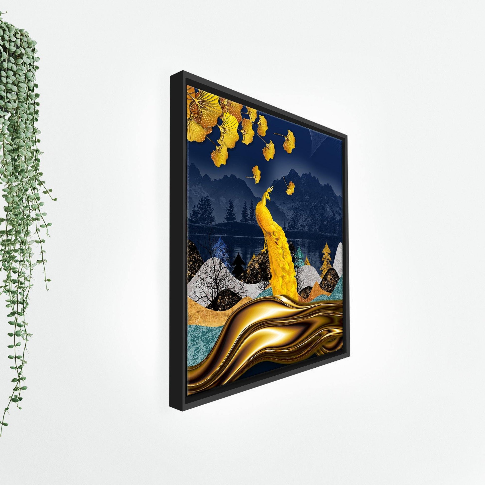 Golden Peacock Floating Canvas Wall Painting Frame