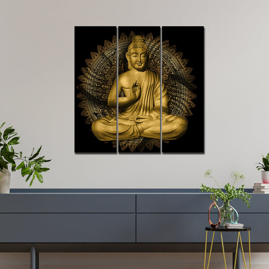 Lord Buddha in Lotus Position Wall Painting of Three Pieces