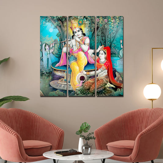 Lord Krishna in Vrindavan Canvas Wall Painting Set of Three