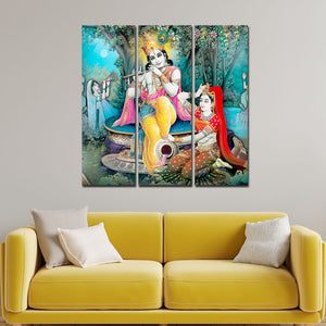 Lord Krishna in Vrindavan Canvas Wall Painting Set of Three