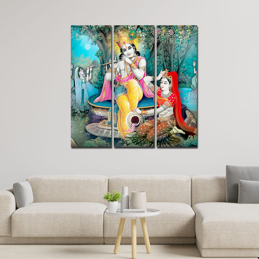 Lord Krishna in Vrindavan Canvas Wall Painting Set of Three