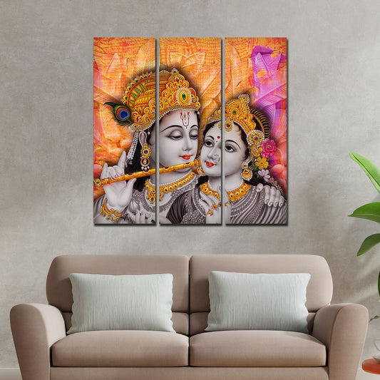 Lord Radha Krishna Playing Flute Canvas Wall Painting 3 Panel Set