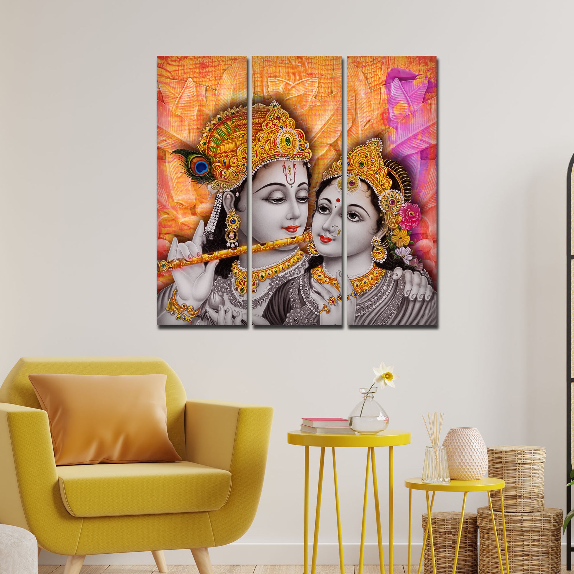 Lord Radha Krishna Playing Flute Canvas Wall Painting 3 Panel Set