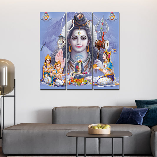 Lord Shiva with Family Canvas Wall Painting of Three Pieces