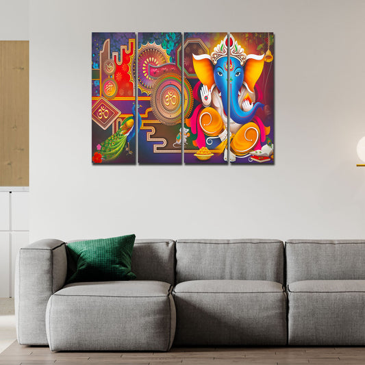 Lord Ganesha Canvas Wall Painting of 4 Pieces