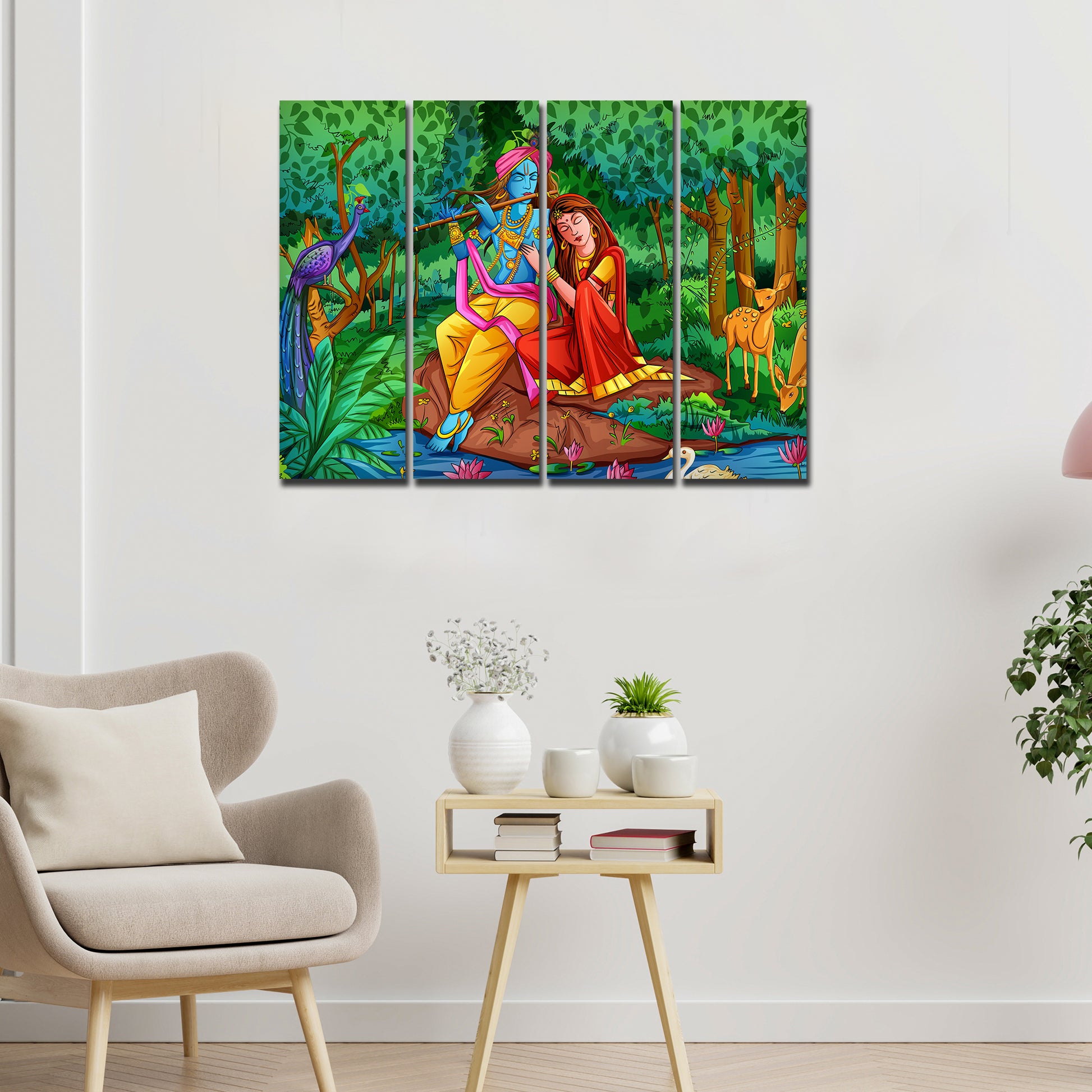 Lord Radha Krishna in Forest Wall Painting 4 Pieces