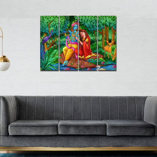 Lord Radha Krishna in Forest Wall Painting 4 Pieces