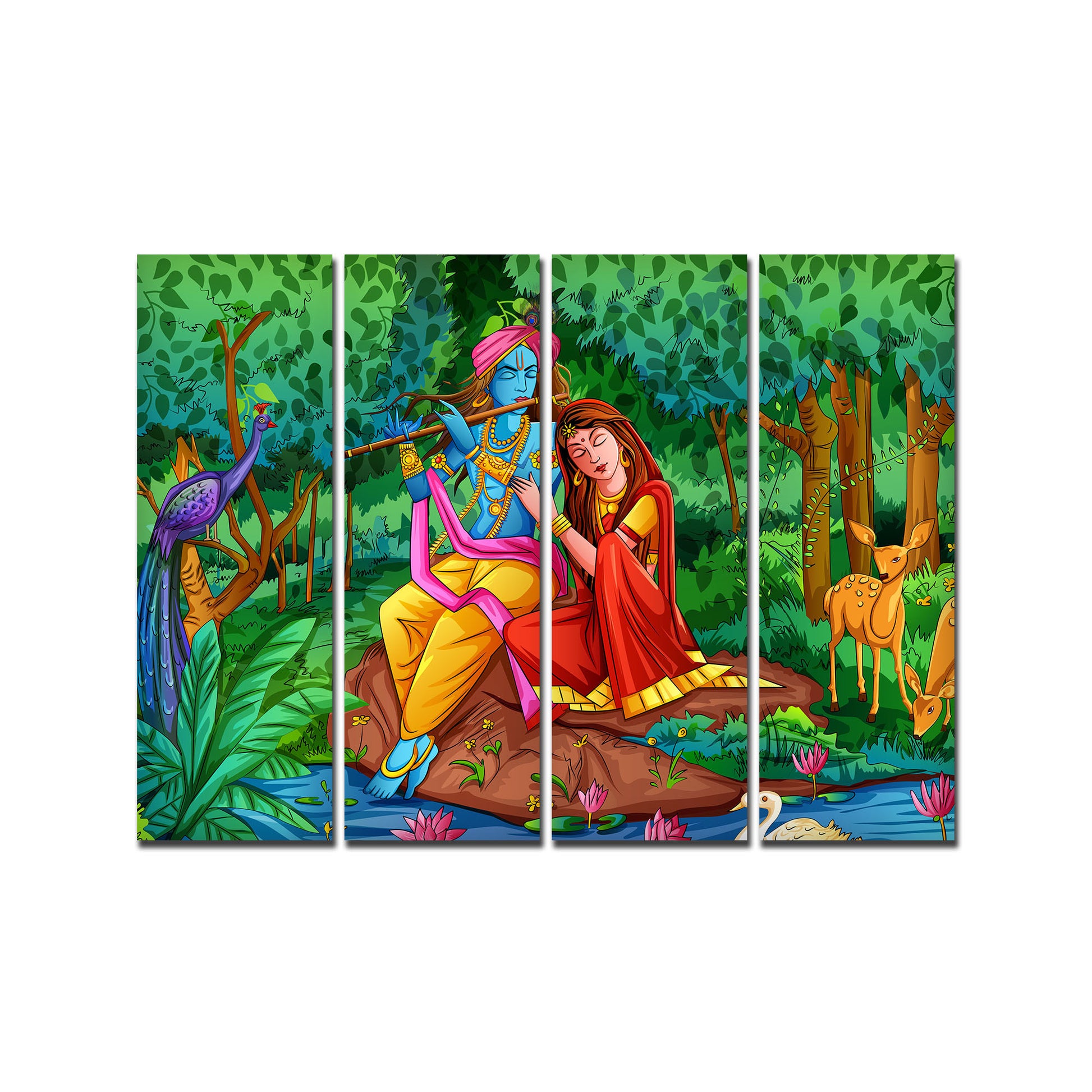 Lord Radha Krishna in Forest Wall Painting 4 Pieces