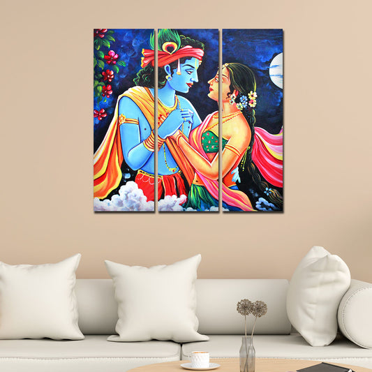 Love of Lord Radha Krishna Canvas Wall Painting Set of 3 Panel