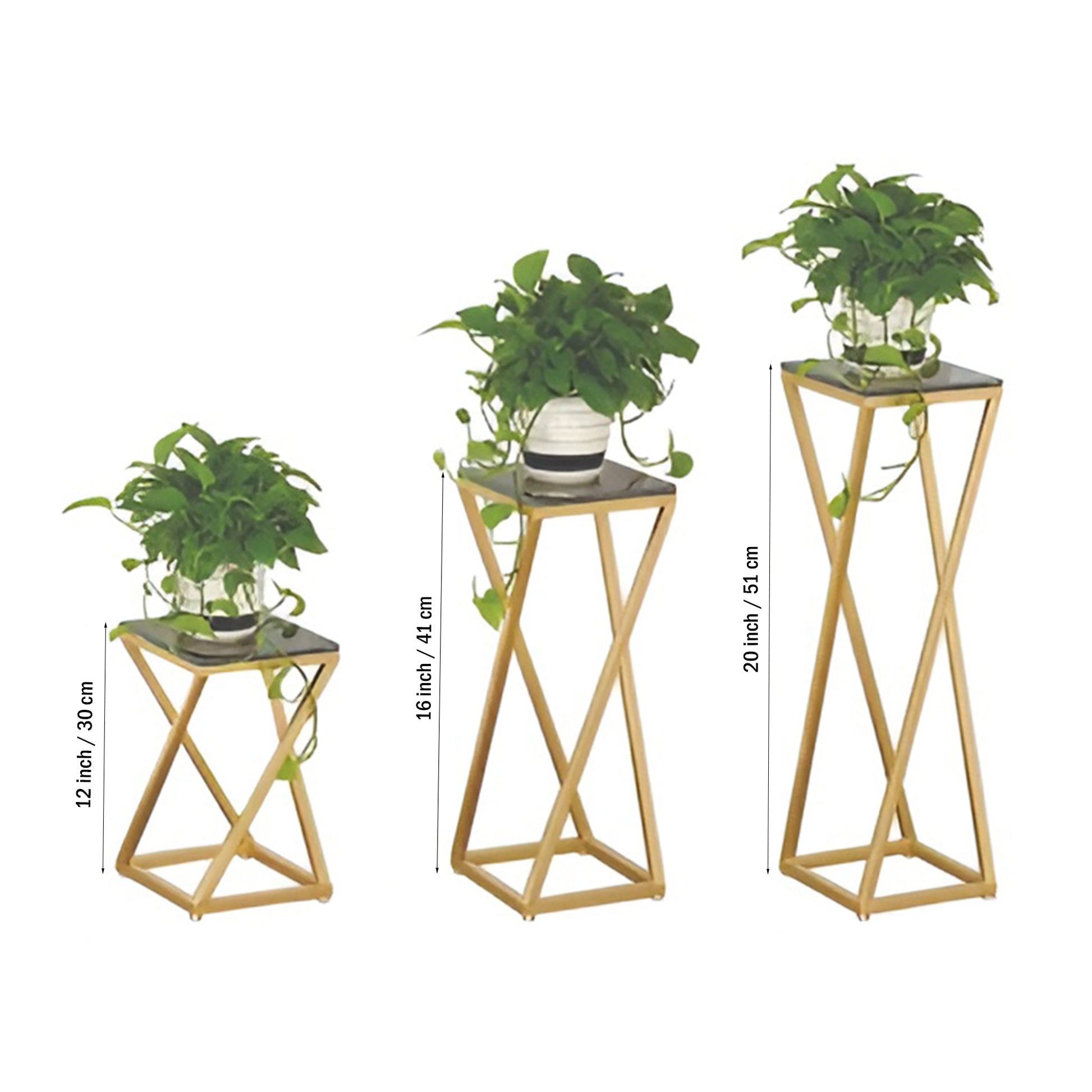 Premium Metal Planter Stand With Black Marble At Top (Set of 3)