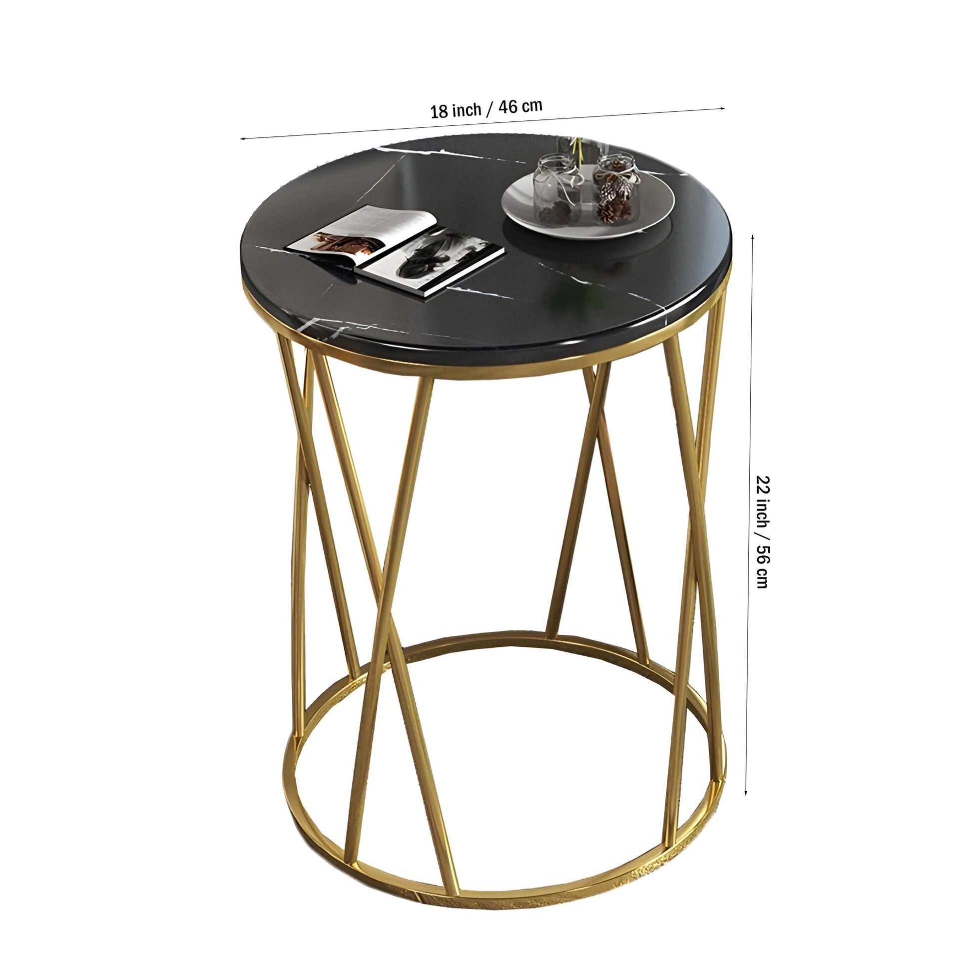 Premium Designer Round Shaped Golden Artistic Side Table with Black Marble