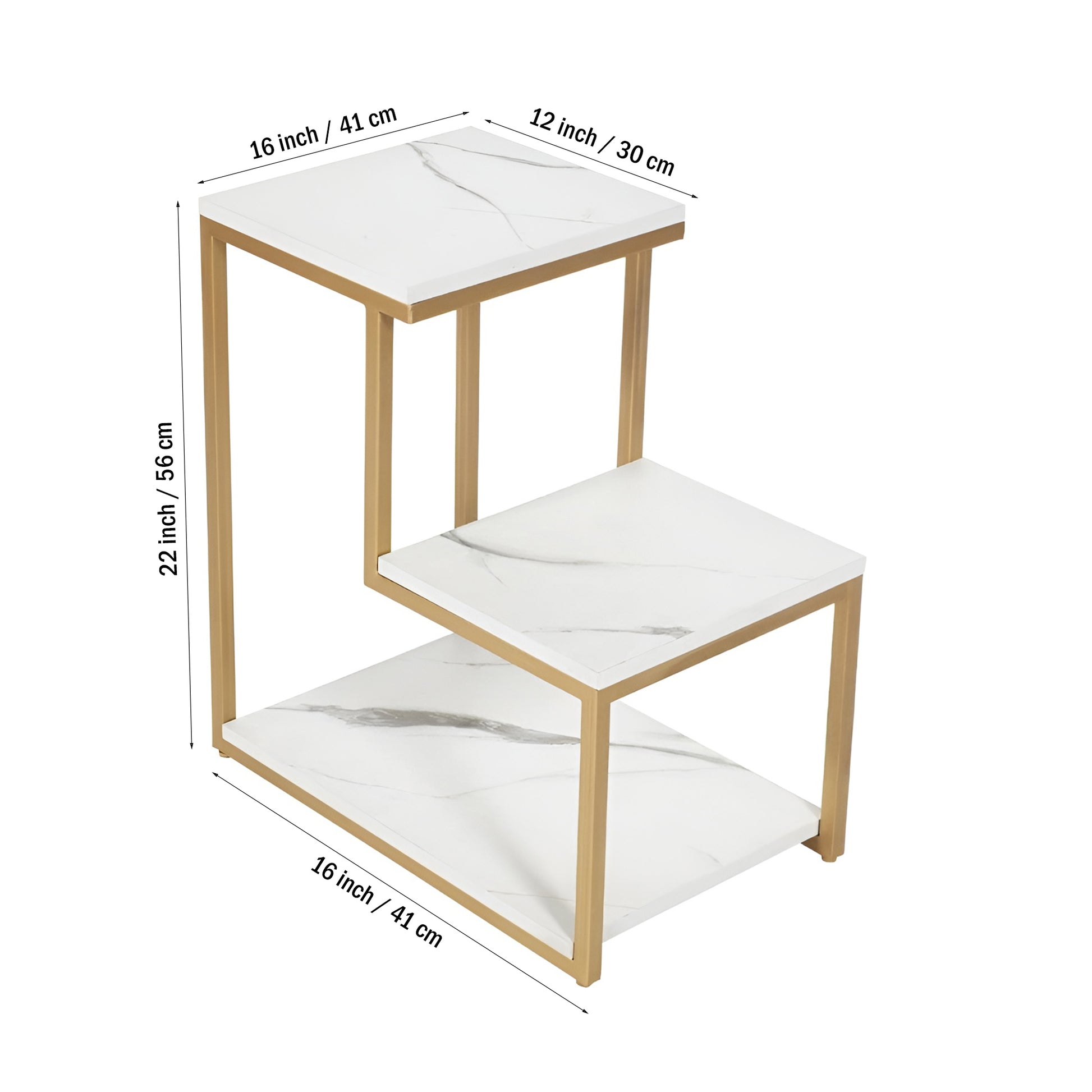 3-Tier Modern Side Table with Storage Shelf with Golden Metal Finish