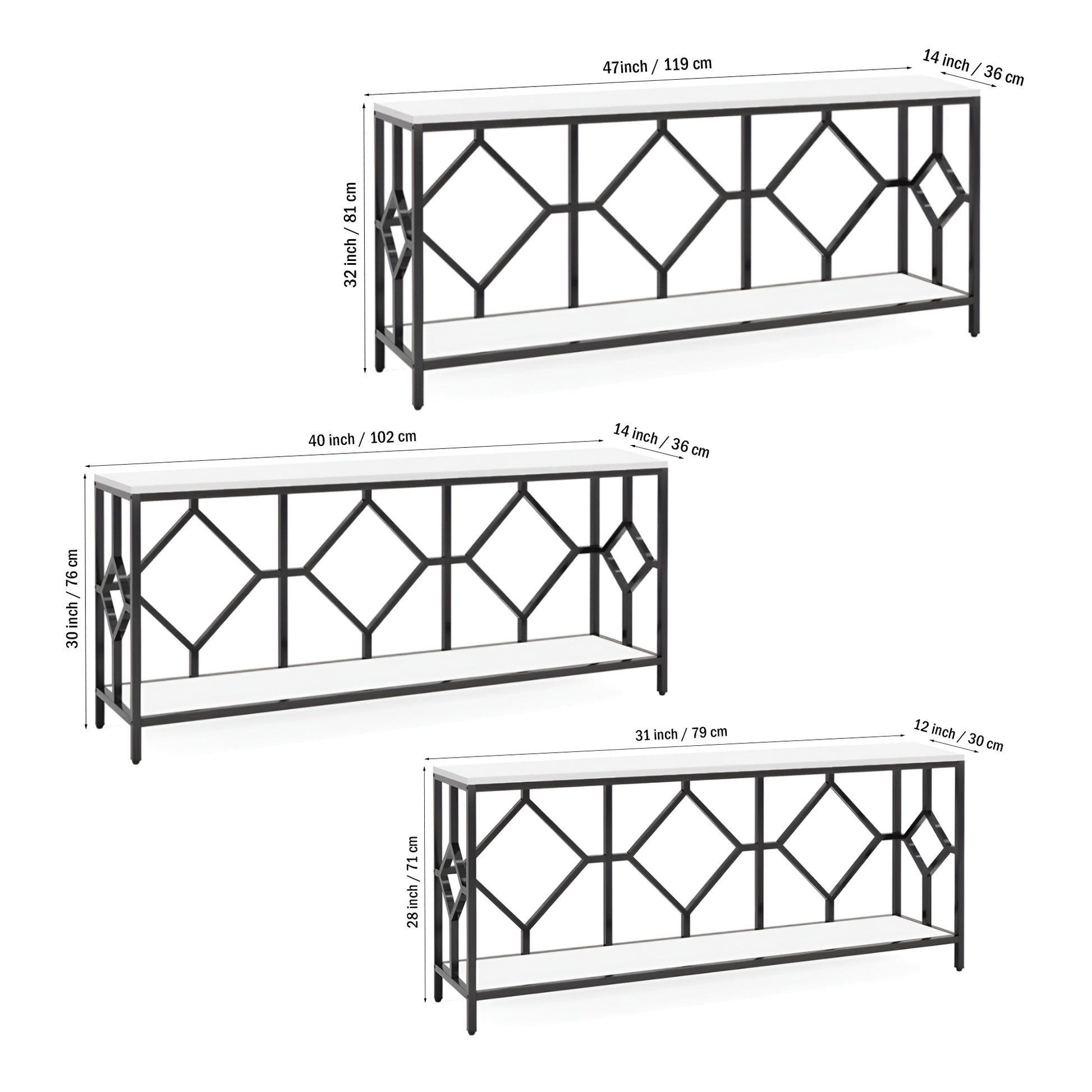 Extra Long White Black Durable Marble 2 Tier Console Table