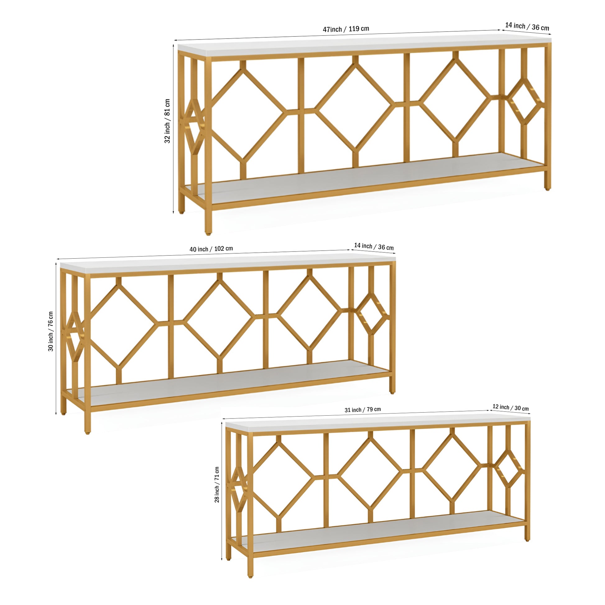 Extra Long White Gold Durable Marble 2 Tier Console Table