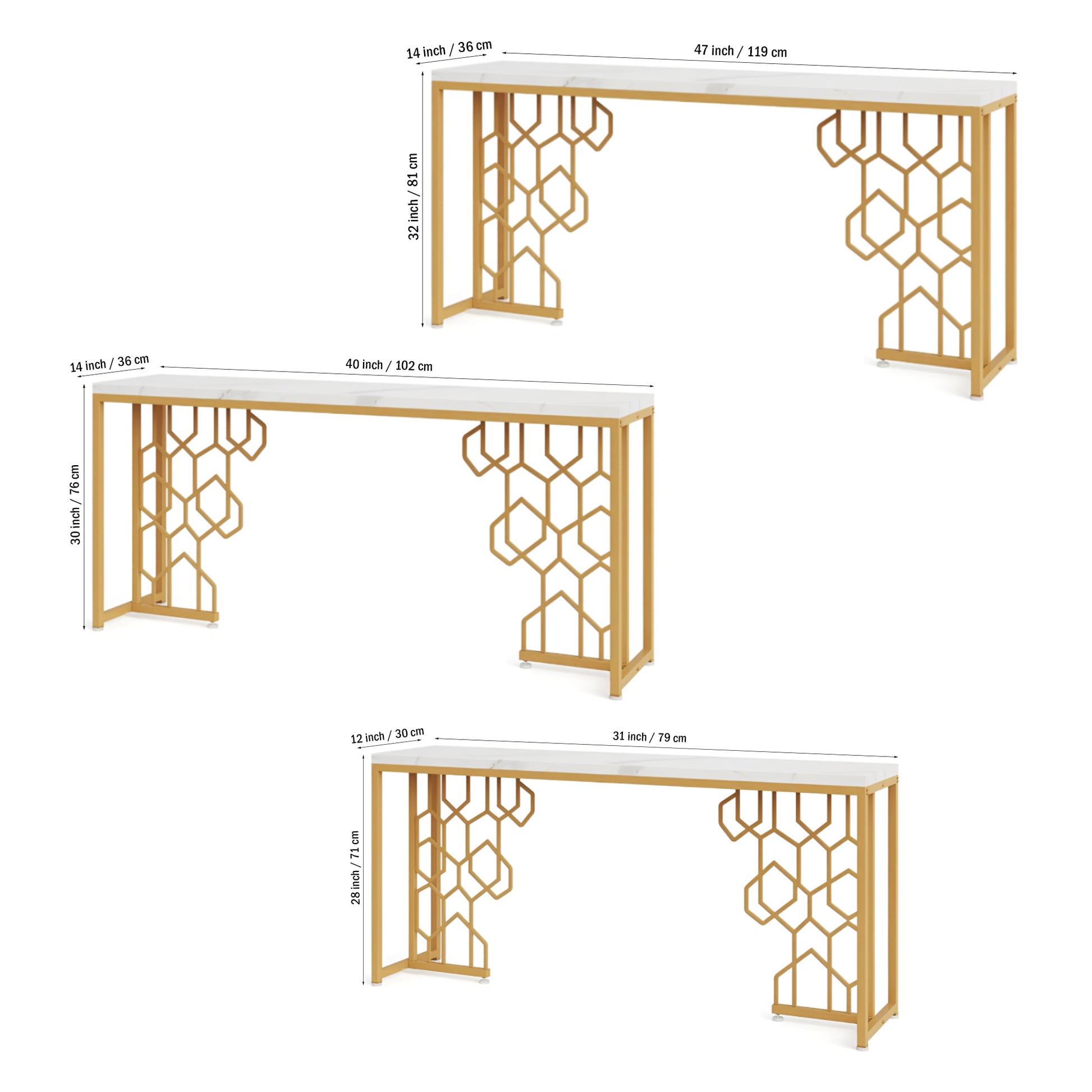 Exquisite Geometric White Faux Marble Robust And Enduring Frame Console Table