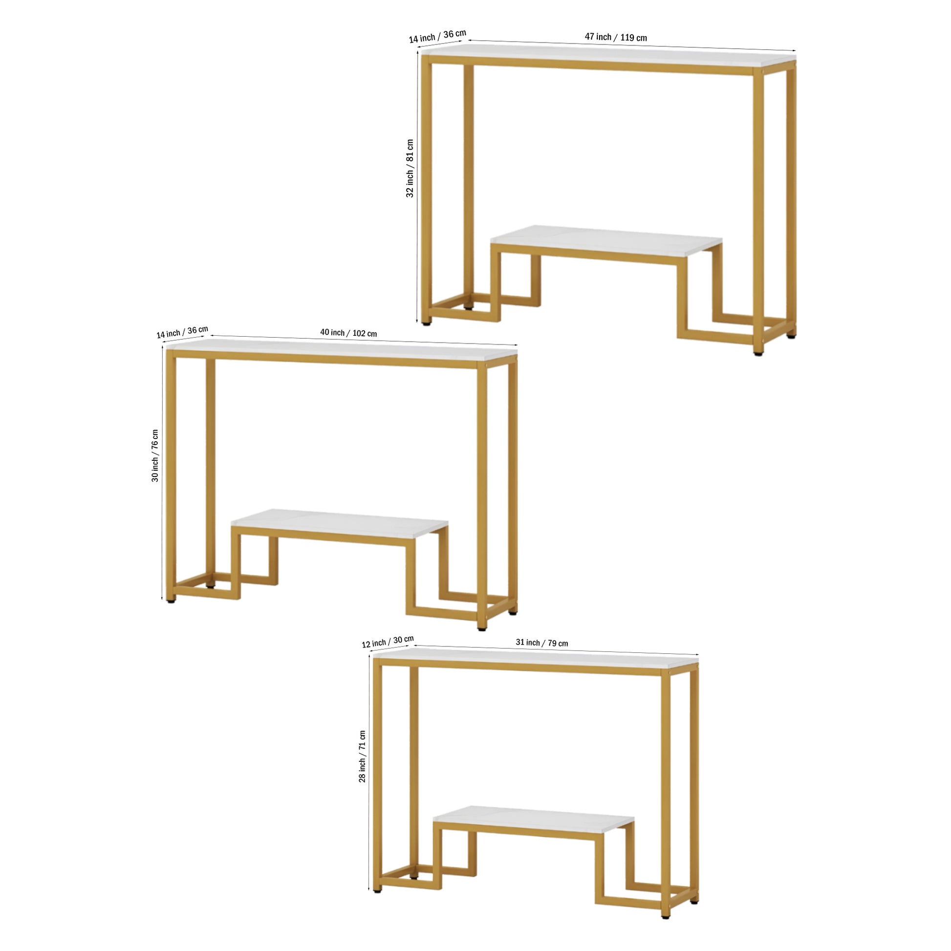 Two-Tier White Marble Gold Console Table