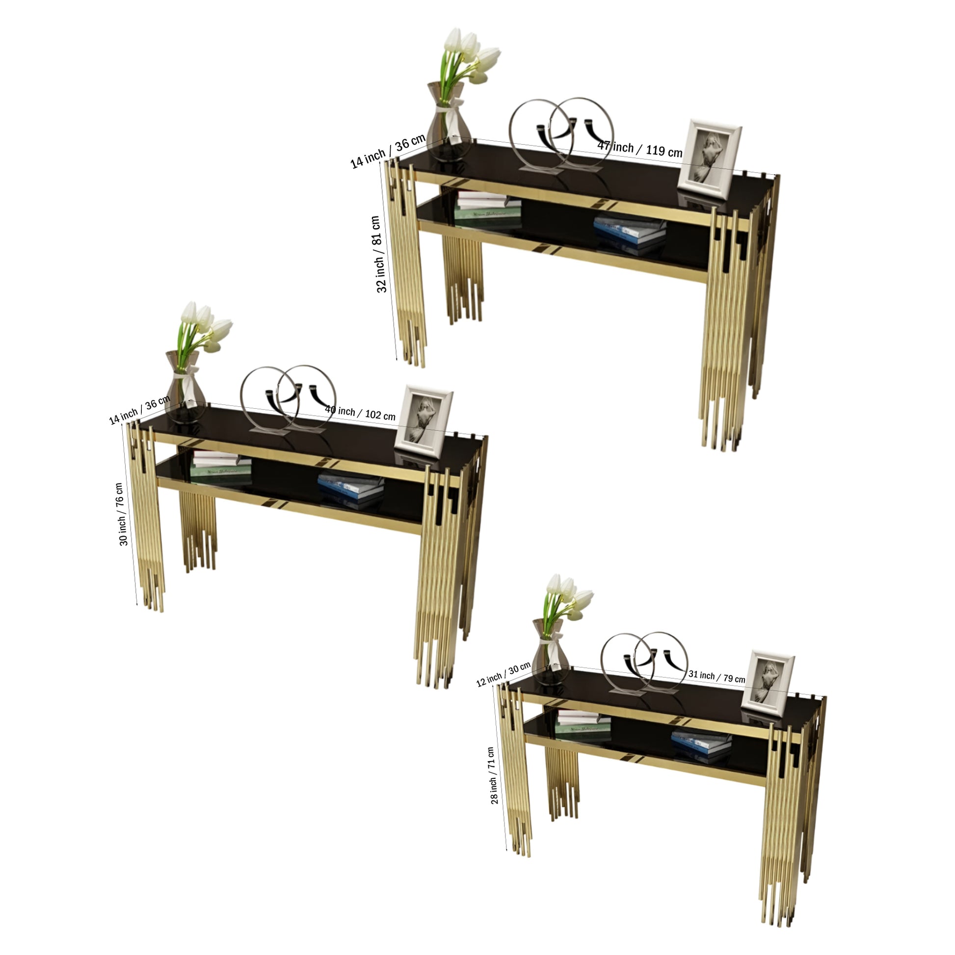 Black Faux Marble 2-Tier Narrow Console Table