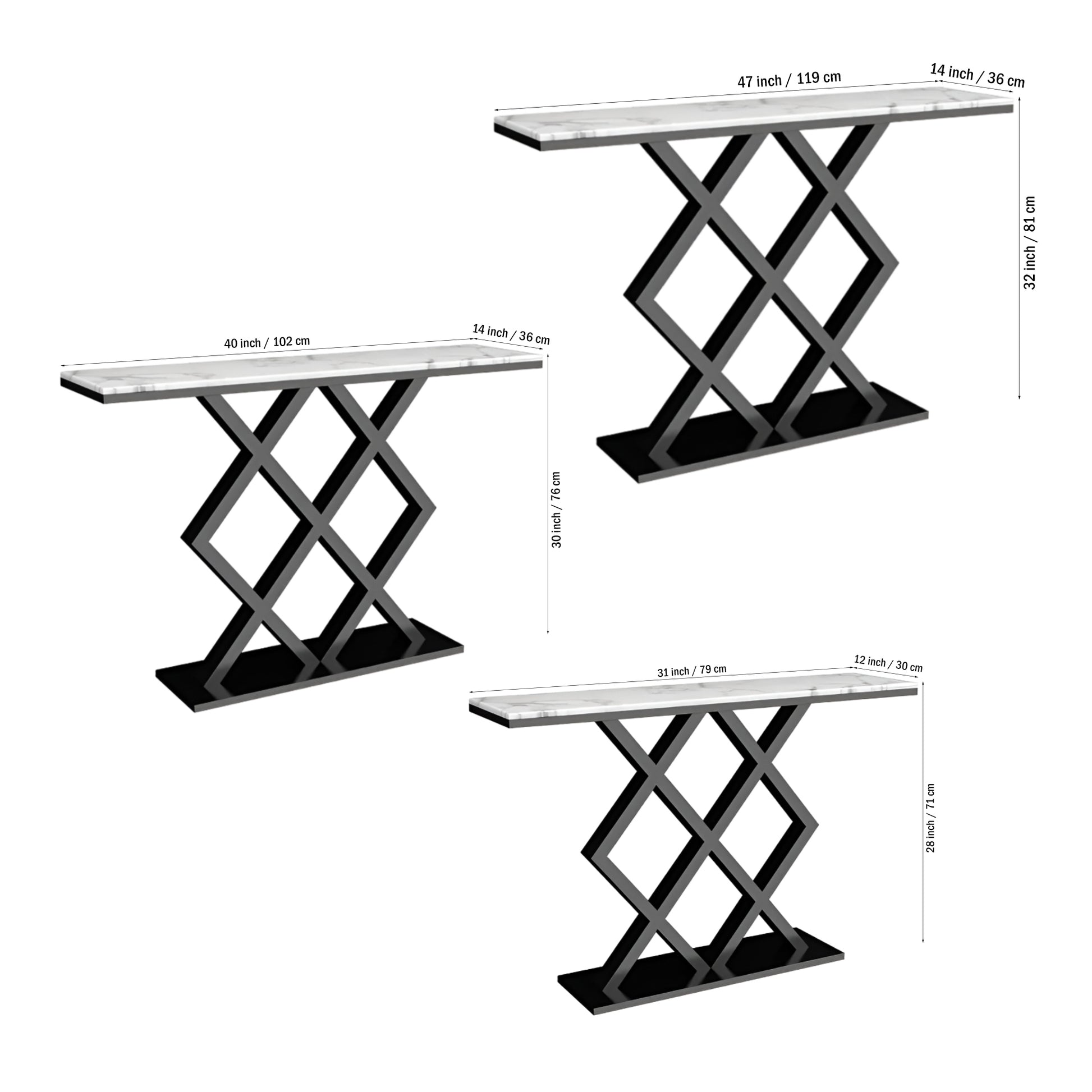 X-Rhombus Black Rectangular With Faux Marble Top Console Table