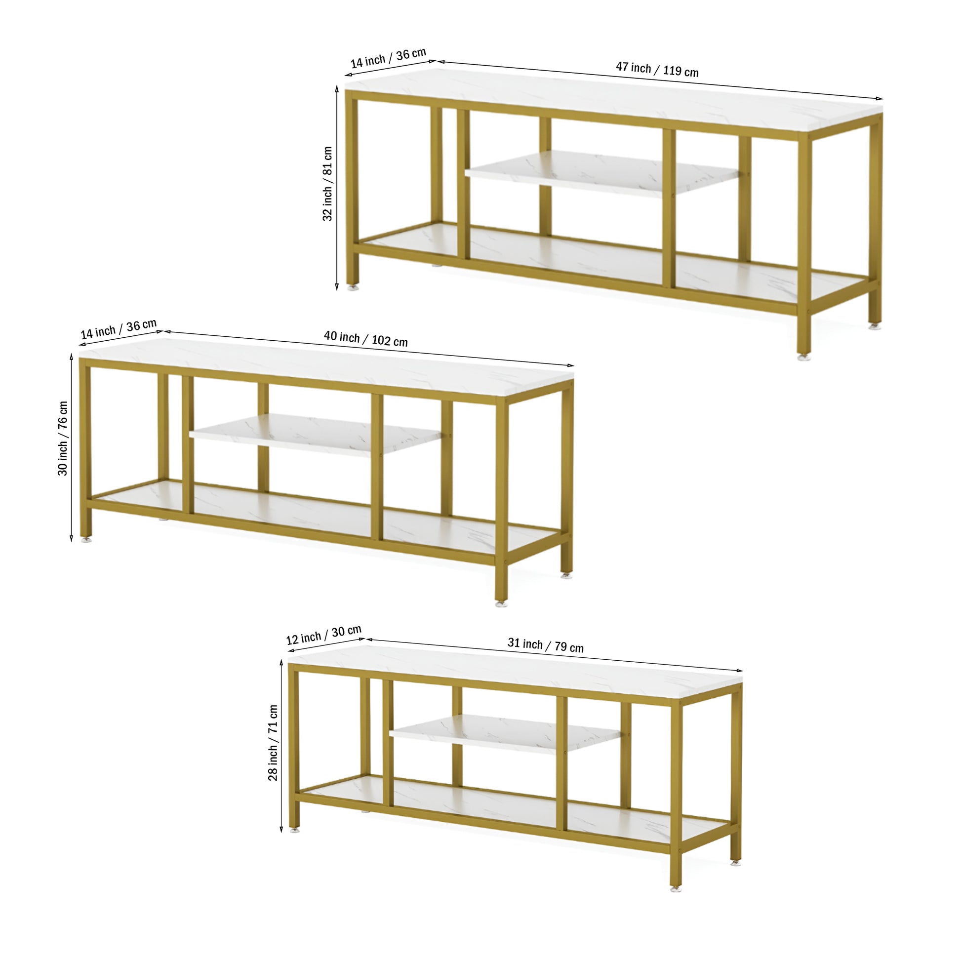 5-Tier Rectangle White Marble Gold Entryway Console Table