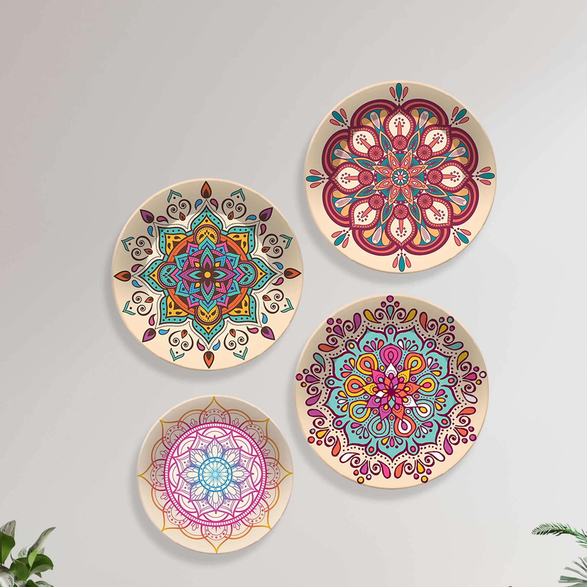 Mandala Pattern Ceramic Wall Plates Painting Set of Four