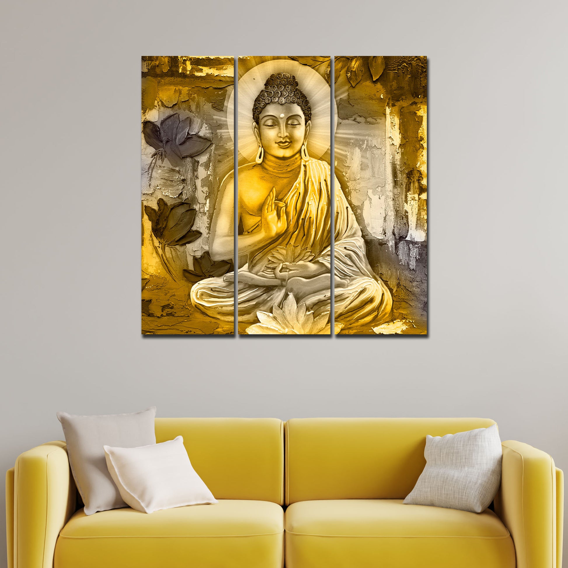 Meditating Lord Buddha Wall Painting Three Pieces