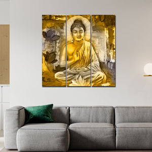 Meditating Lord Buddha Wall Painting Three Pieces