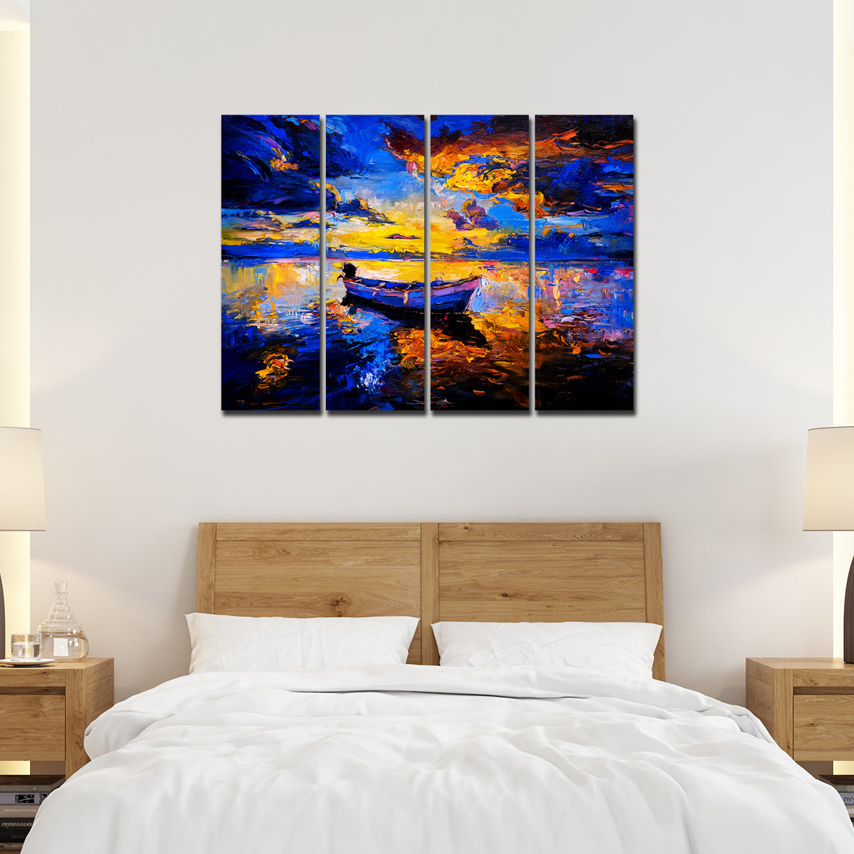 Abstract Boat in Sunset Background Premium 4 Pieces Wall Painting