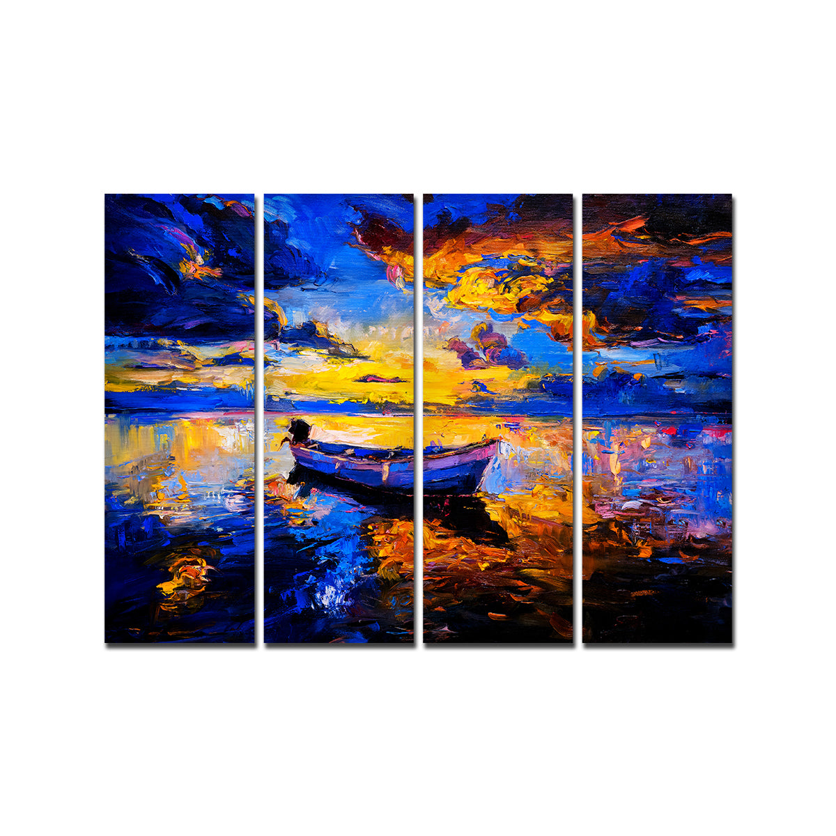 Abstract Boat in Sunset Background Premium 4 Pieces Wall Painting