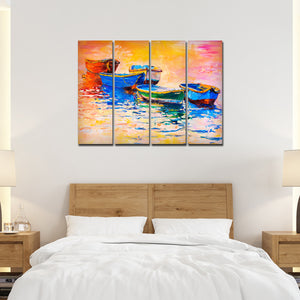 A Beautiful Boat in Sunset Background Wall Painting of 4 Pieces