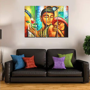 A Beautiful 4 Pieces Canvas Wall Painting of Lord Radha Krishna